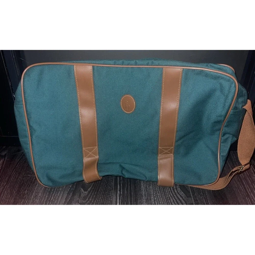 VTG Ralph Lauren Large Travel Shoulder Duffel Laptop Bag Classic Green & Brow
